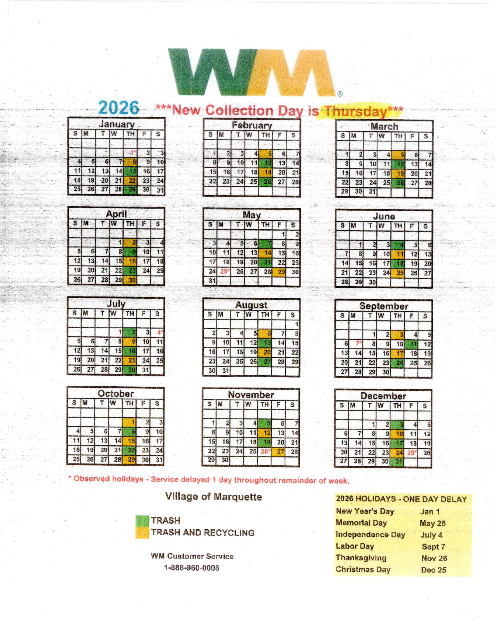 Waste Management 2026 Calendar